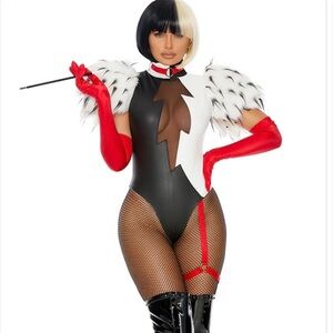 Costume - Movie Villain Black and White Bodysuit with Faux Fur Sleeves